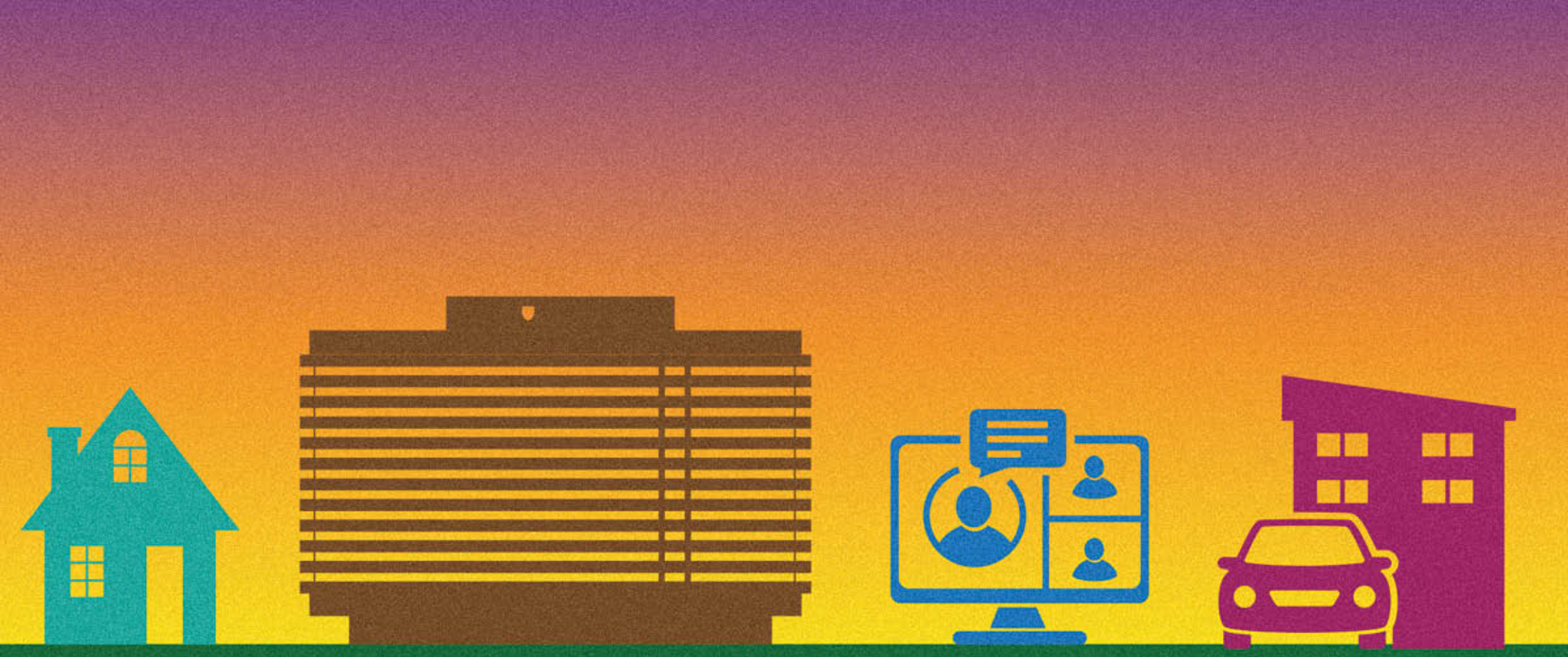 An illustration shows silhouette shapes representing a house, a hospital like the Penn Medicine HUP Pavilion, a computer monitor depicting virtual care, and an institutional building with a car parked outside.