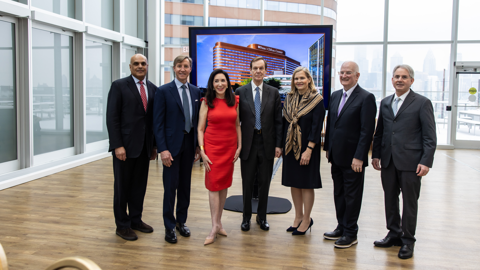Group photo of Dhan Pai, J. Larry Jameson, Catherine and Anthony Clifton, Regina Cunningham, Kevin B. Mahoney, and Jonathan A. Epstein