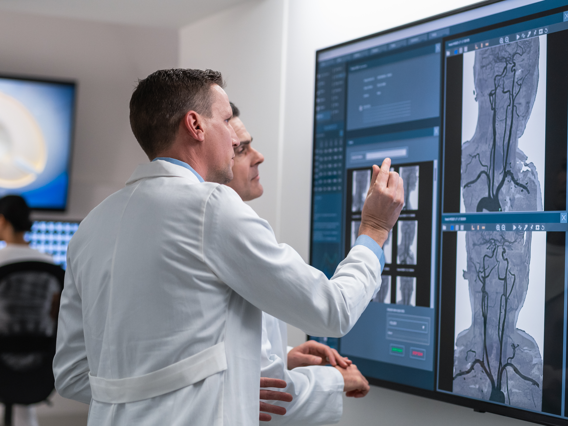 Doctors advice on MRI scan results. Magnetic resonance imaging technology in an hospital..