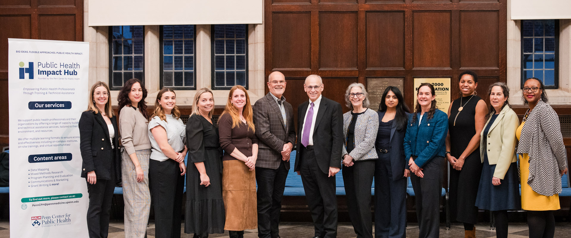 A group shot of representatives from the Penn Center for Public Health and the Scattergood Foundation at the announcement of the Impact Hub