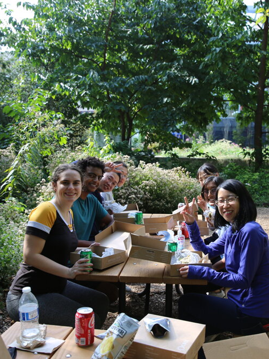 Seven members of the Jin Lab sit at a picnic table in a park, eating lunch.