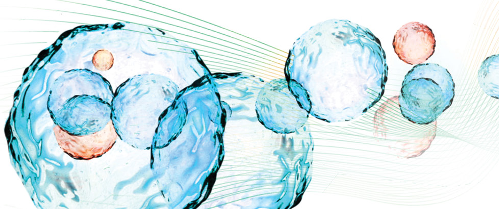 Pastel-colored bubbles evocative of the shape of cancer cells on a background of light geometric line shapes