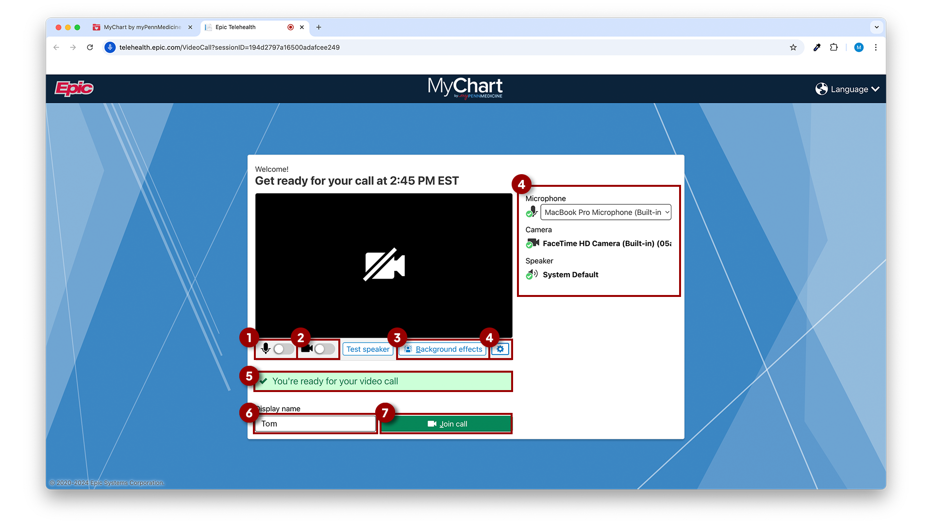 Screenshot of MyChart by MyPennMedicine video call options on desktop numbered 1 through 7 