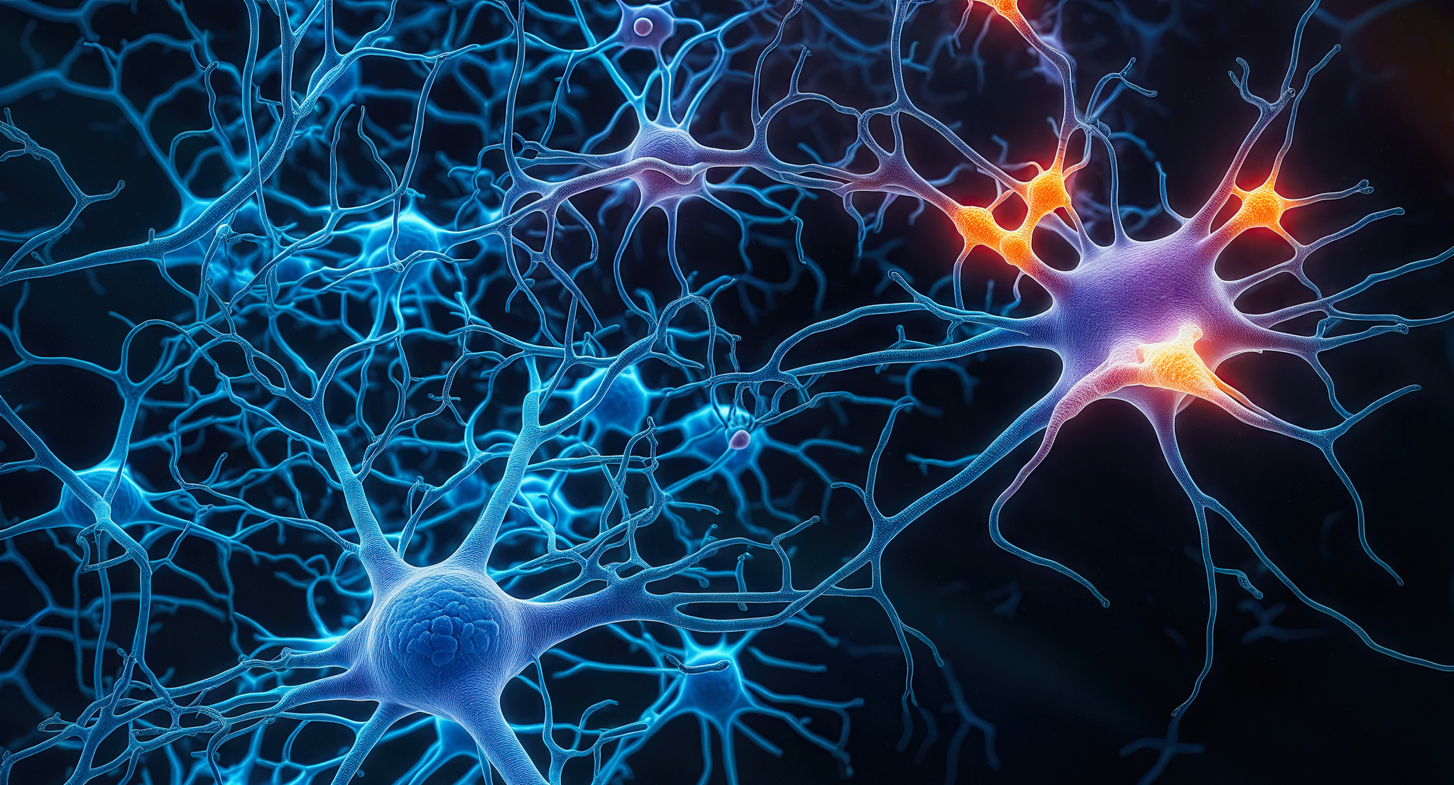 Neuron cell network with glowing neuron signals on a black background