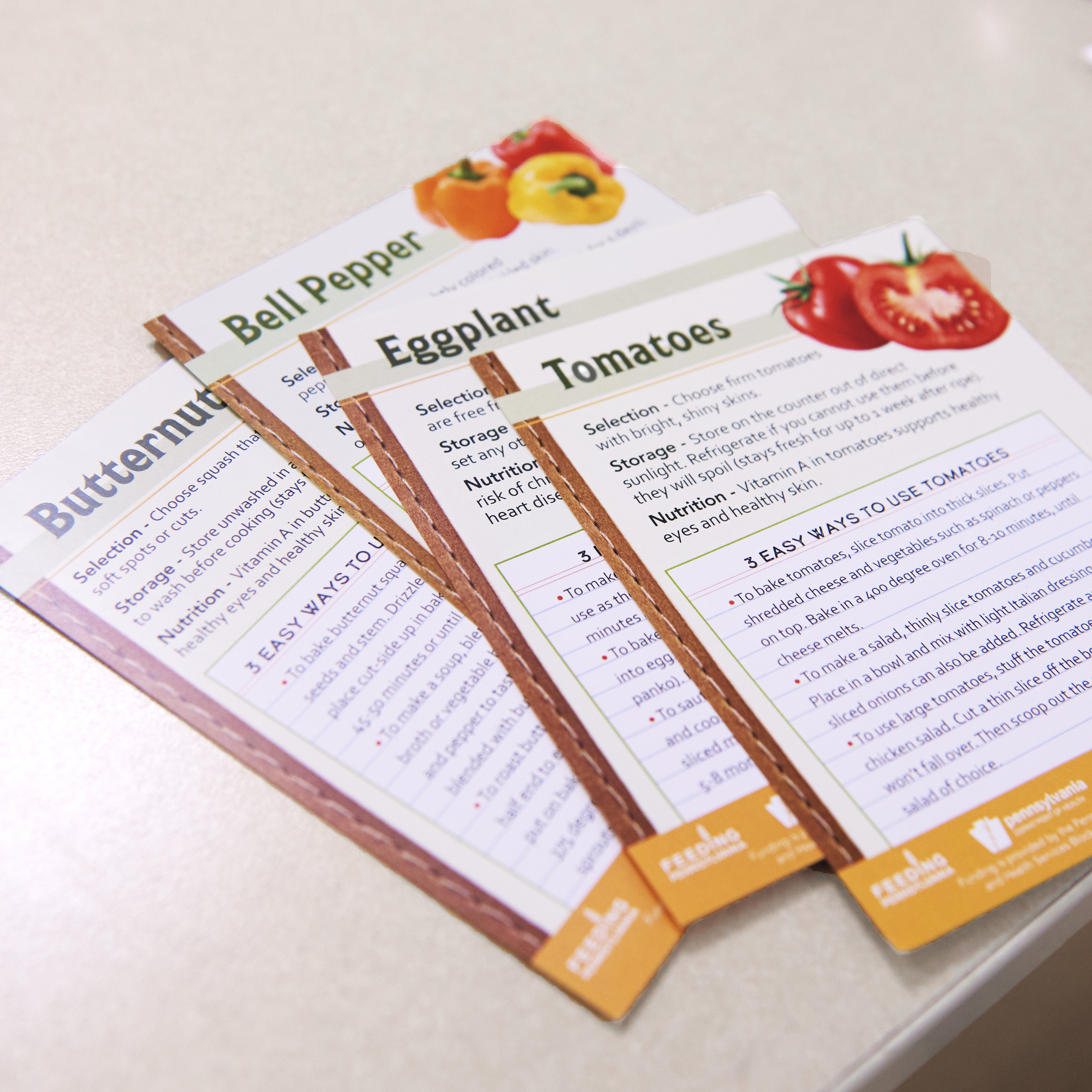 A set of recipe cards for tomatoes, eggplants, and other foods includes advice on how to use these ingredients