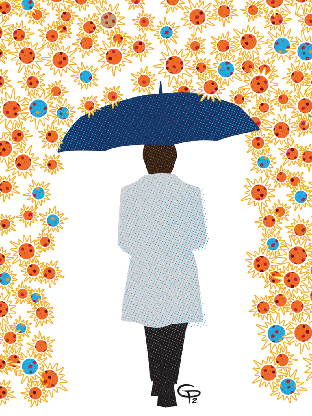 A roughly drawn silhouette shape seen walking away, wearing a white coat, and carrying an umbrella, which protects them from spiky cell shapes in place of rain