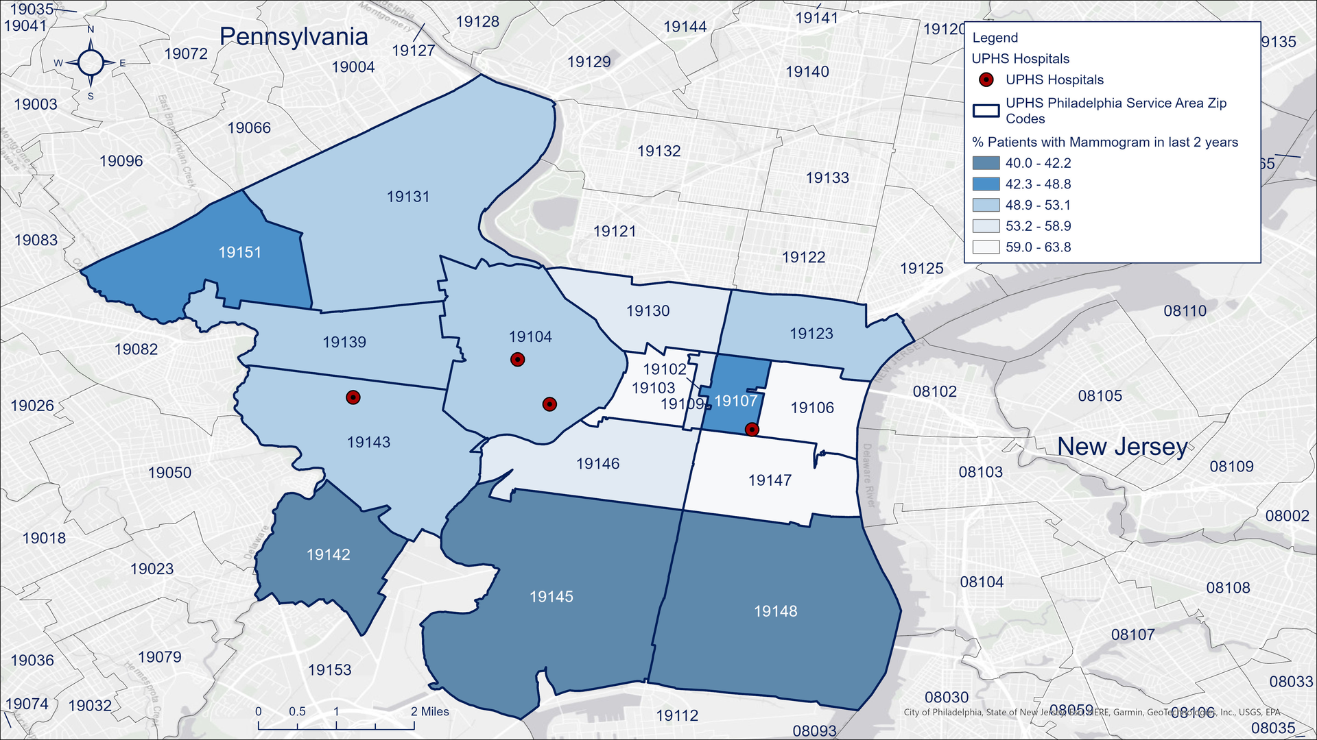 Map of Philadelphia, Pennsylvania, showing the percentage of the eligible population of Penn Medicine patients that was up to date on breast cancer screening by zip code in 2023. The eligible population includes Penn Medicine patients between 50 and 74 who got a mammogram in the past 2 years