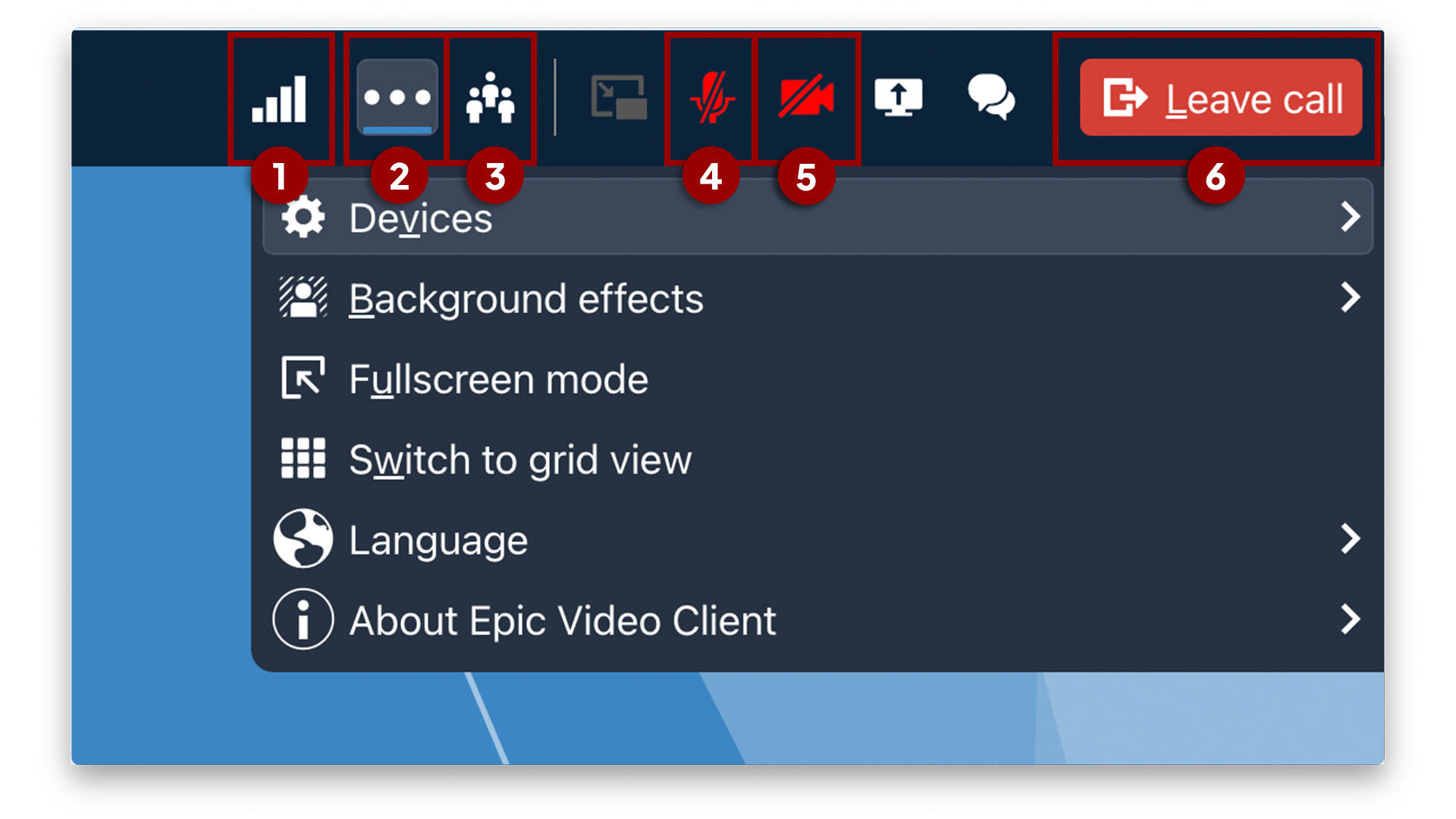 Screenshot of MyChart by MyPennMedicine video call toolbar options on desktop numbered  1 through 6