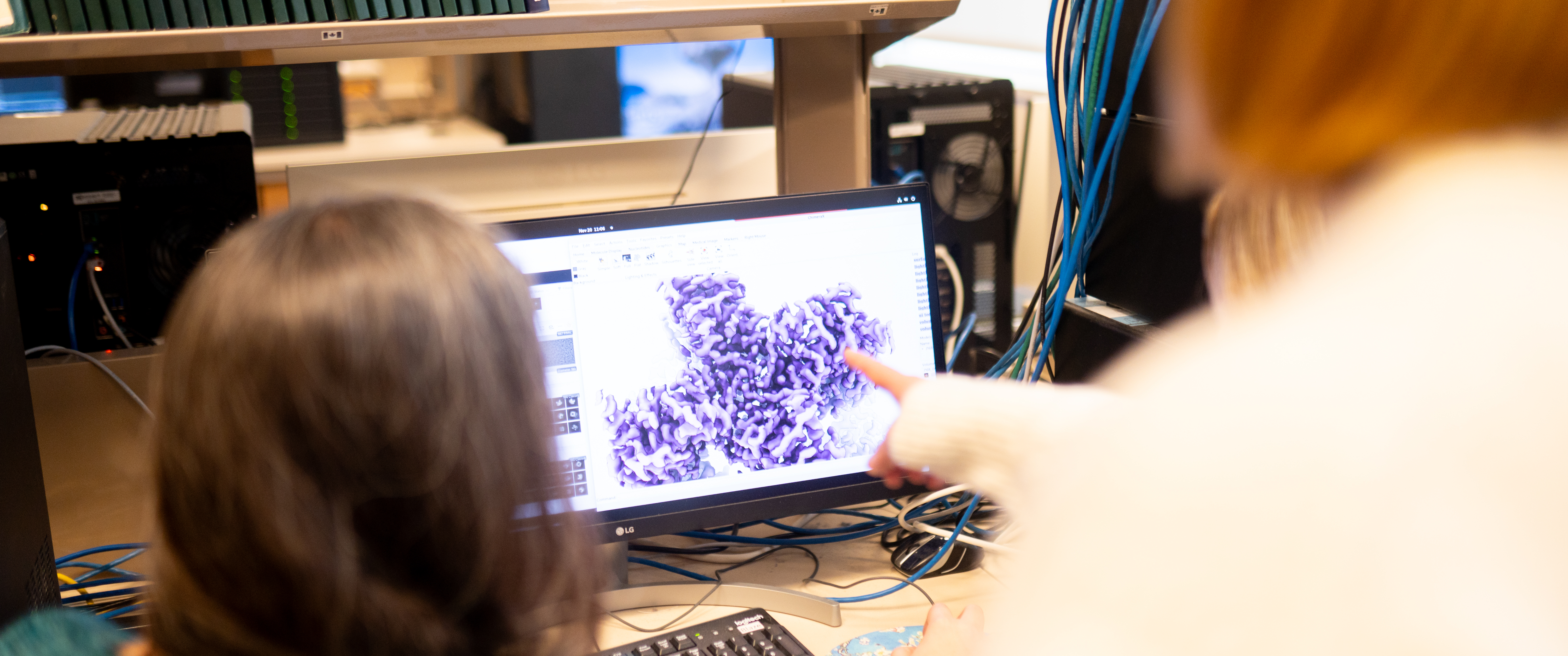 A computer monitor shows a zoomed-in view of an electron microscope-generated image of a protein complex in purple