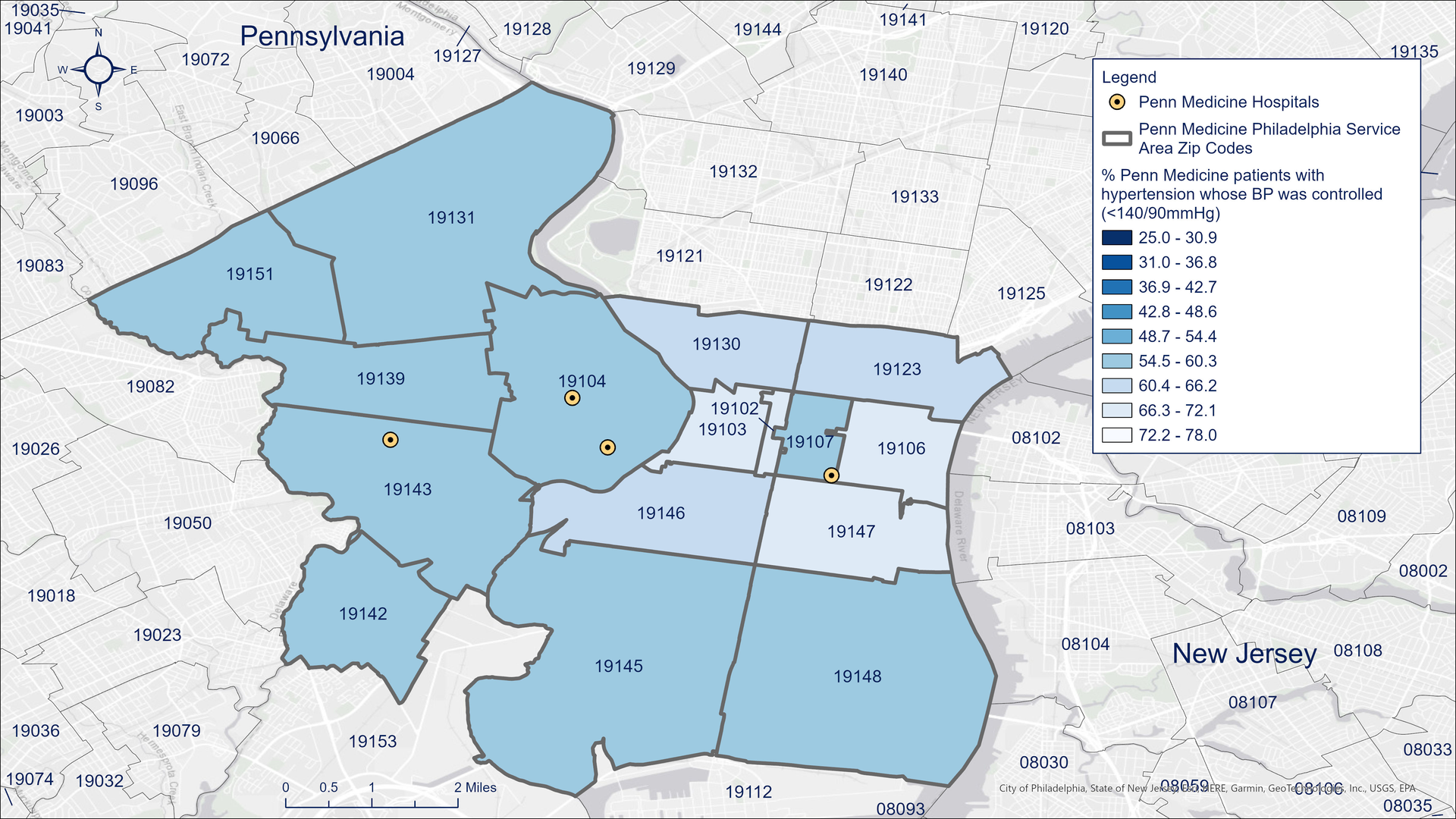 The percentage of patients with high blood pressure that was under control varied greatly by zip code. Source: Penn Medicine, 2024 
