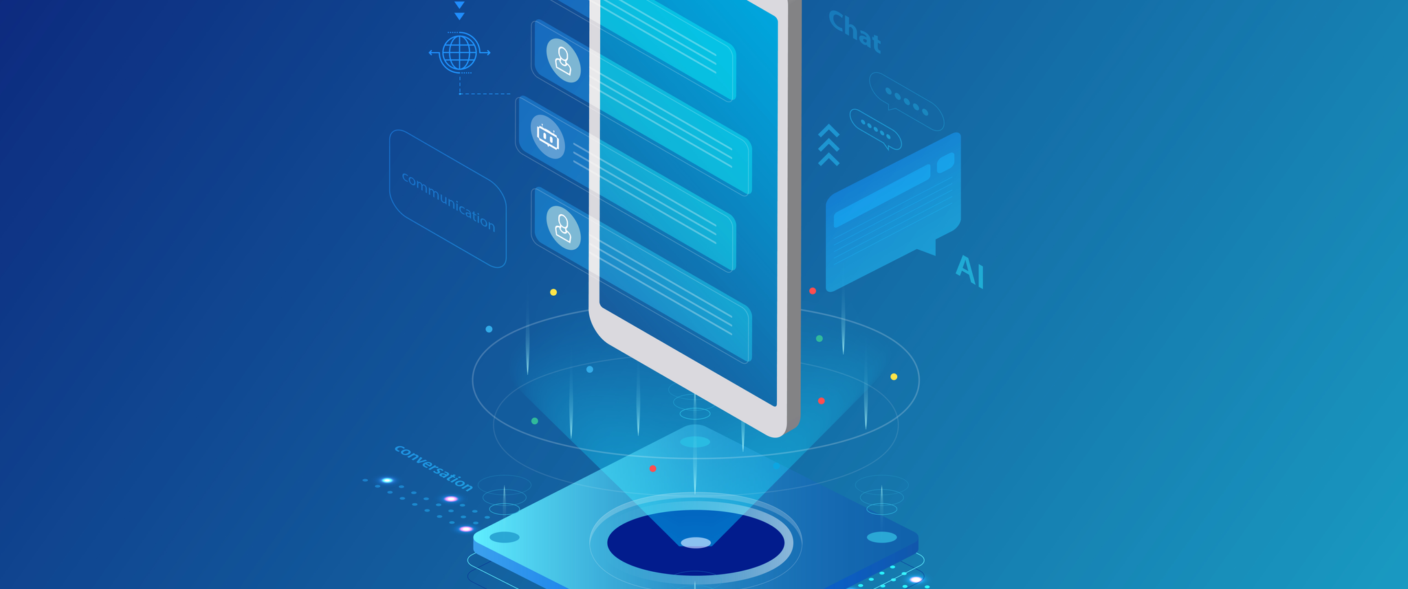 Illustration of a smartphone with iconography suggesting text, artificial intelligence, and conversation