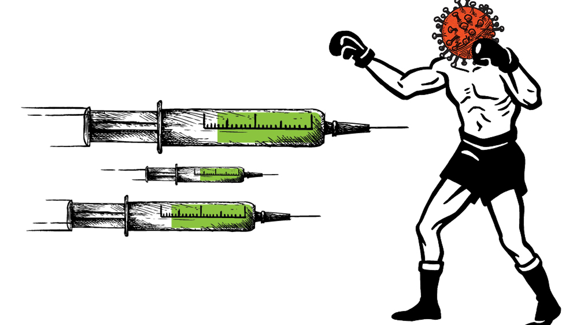 An illustration of a boxer with a coronavirus head, posed as if his opponent is a set of syringes pointing at him