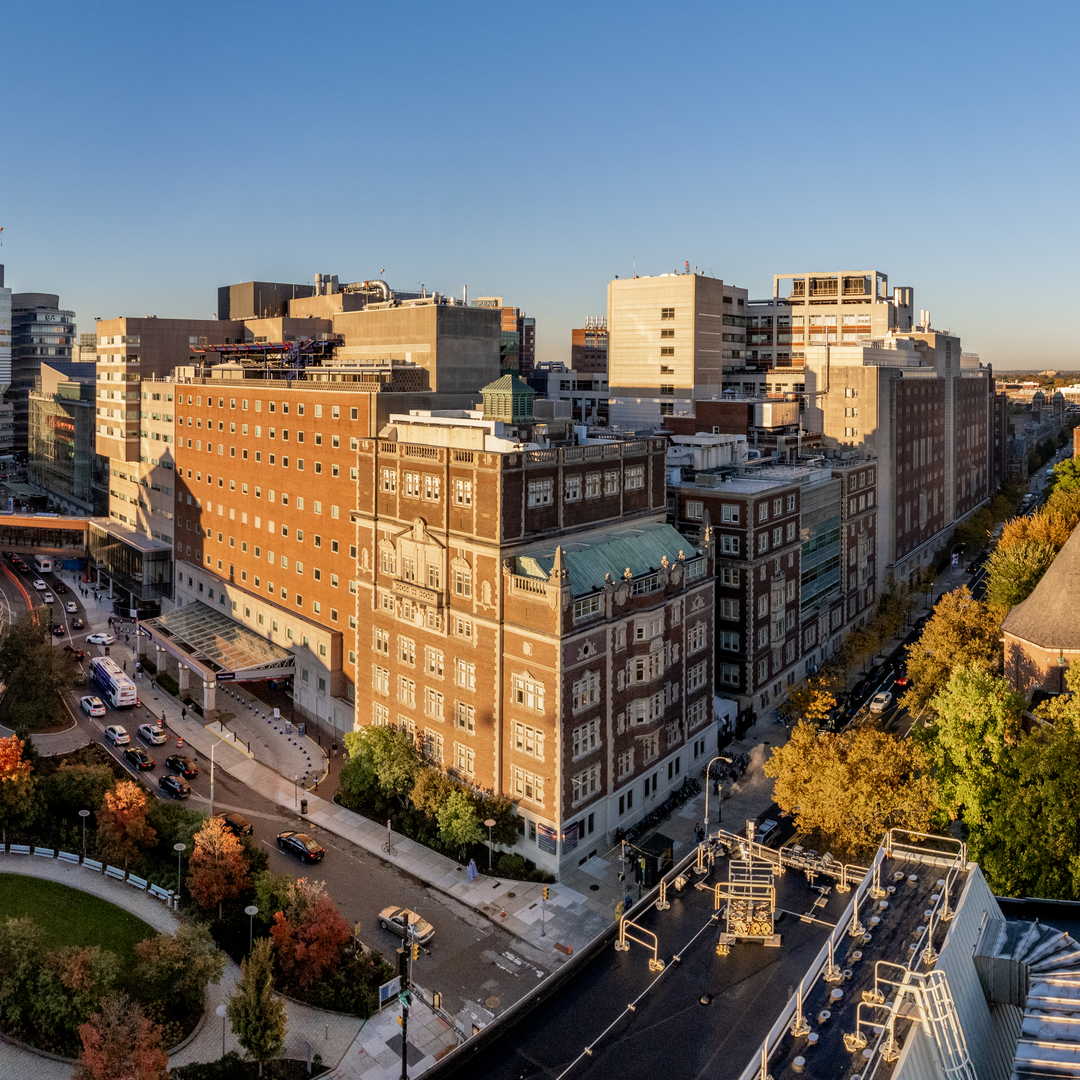 An aerial view of the Hospital of the University of Pennsylvania campus including Clifton Center for Medical Breakthroughs and other HUP buildings