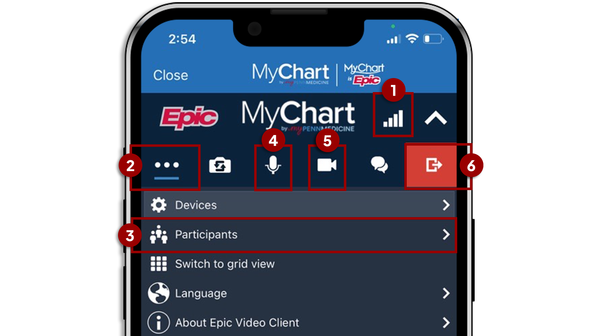 Screenshot of MyChart by MyPennMedicine video call toolbar options on mobile numbered  1 through 6
