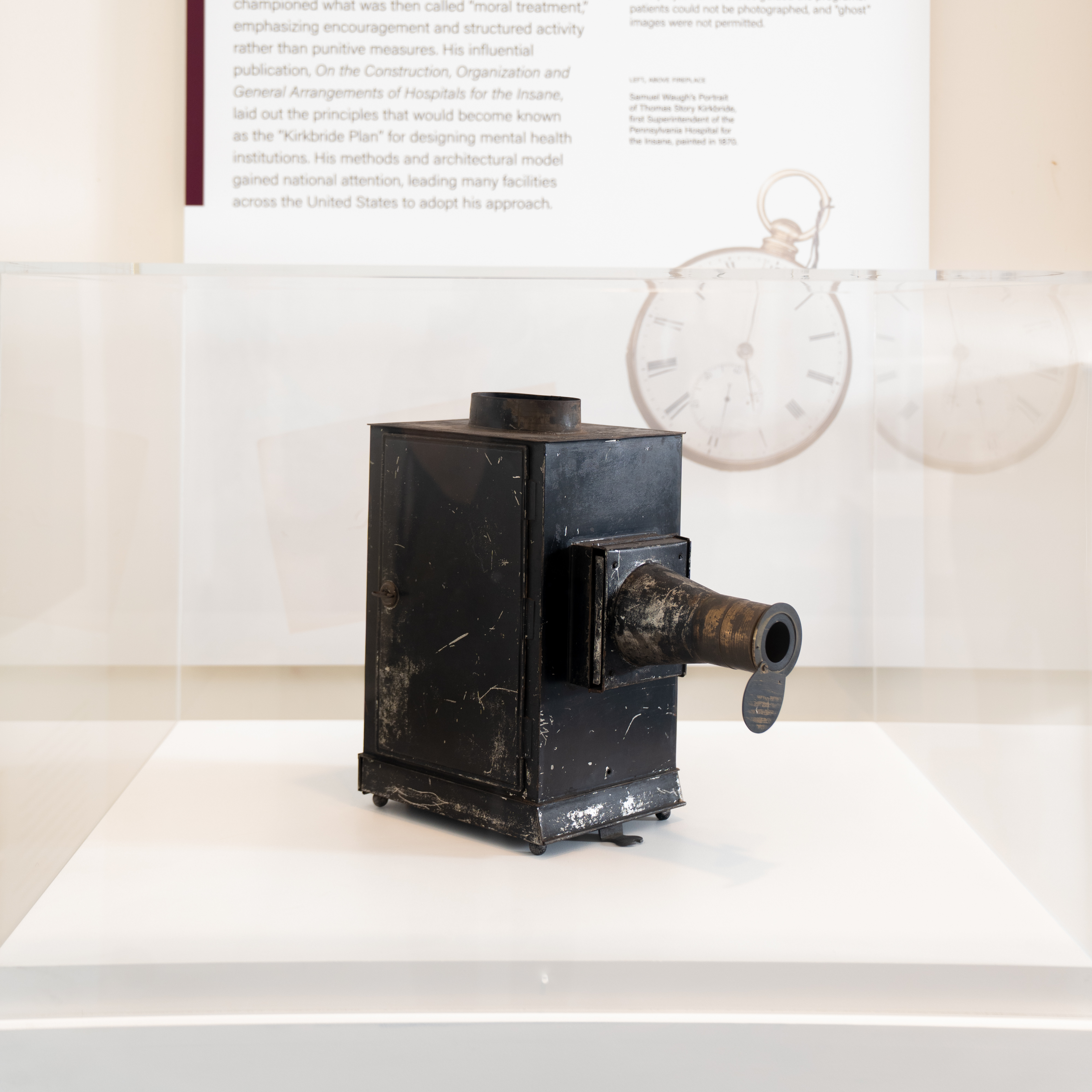 An early form of projector called the Magic Lantern in a display case