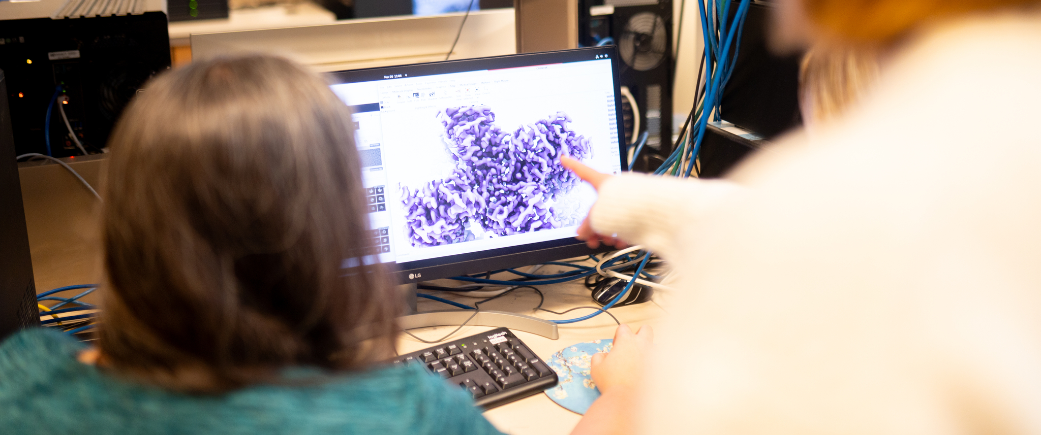 A computer monitor shows a zoomed-in view of an electron microscope-generated image of a protein complex in purple