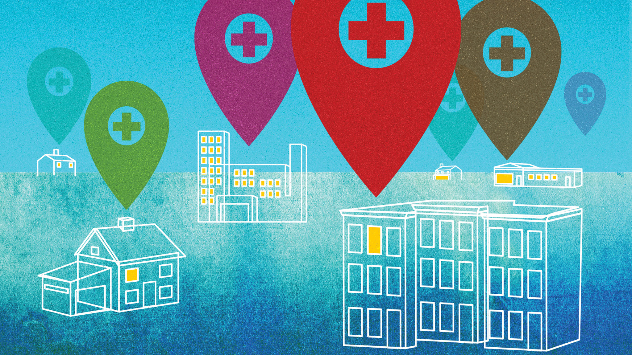 A line illustration of house- and hospital-shaped buildings is overlaid with large map location pin markers on a colorful background