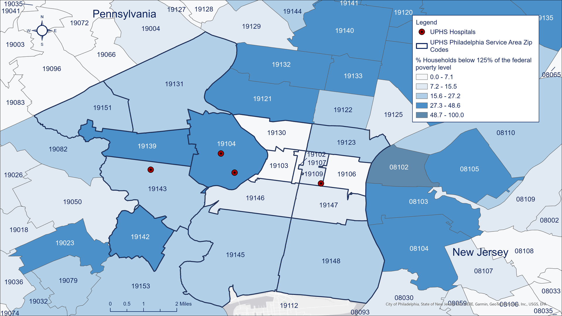 Map of Philadelphia, Pennsylvania, showing the percentage of households with an income below 125 percent of poverty level (less than $34,688 for a family of 4 per year) in 2022. The map's data source is the 2022 American Community Survey 5-Year Estimates.