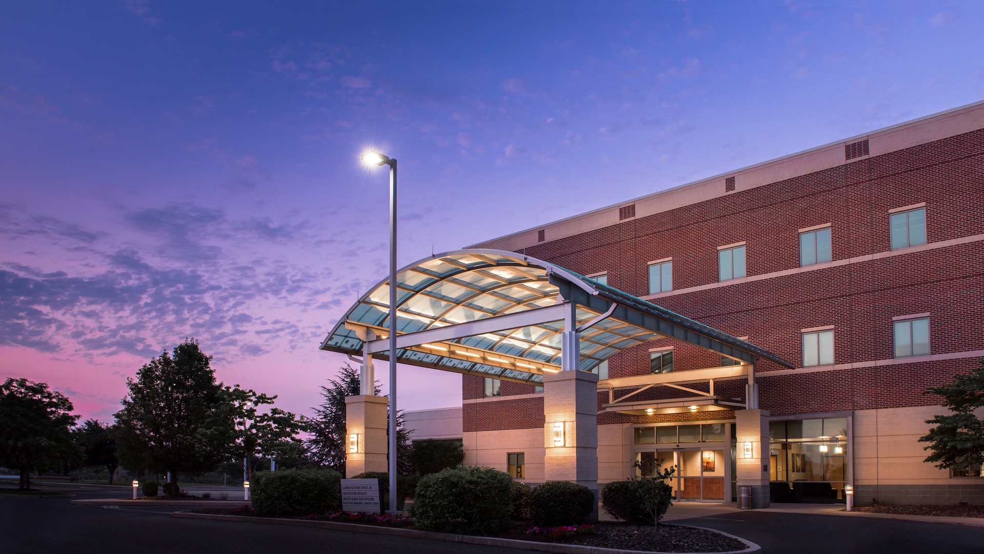 Penn Medicine Lancaster General Health Neuroscience Institute building at night