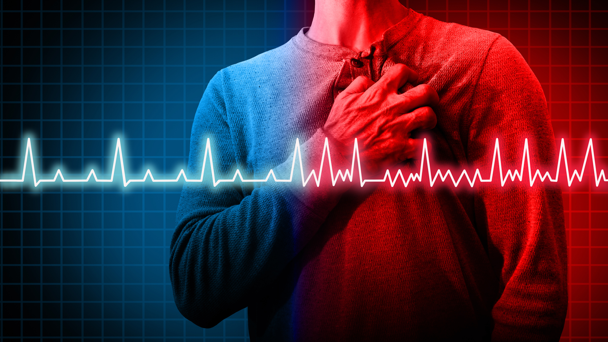 A man holding his hand on his chest overlayed with a heart rate diagram