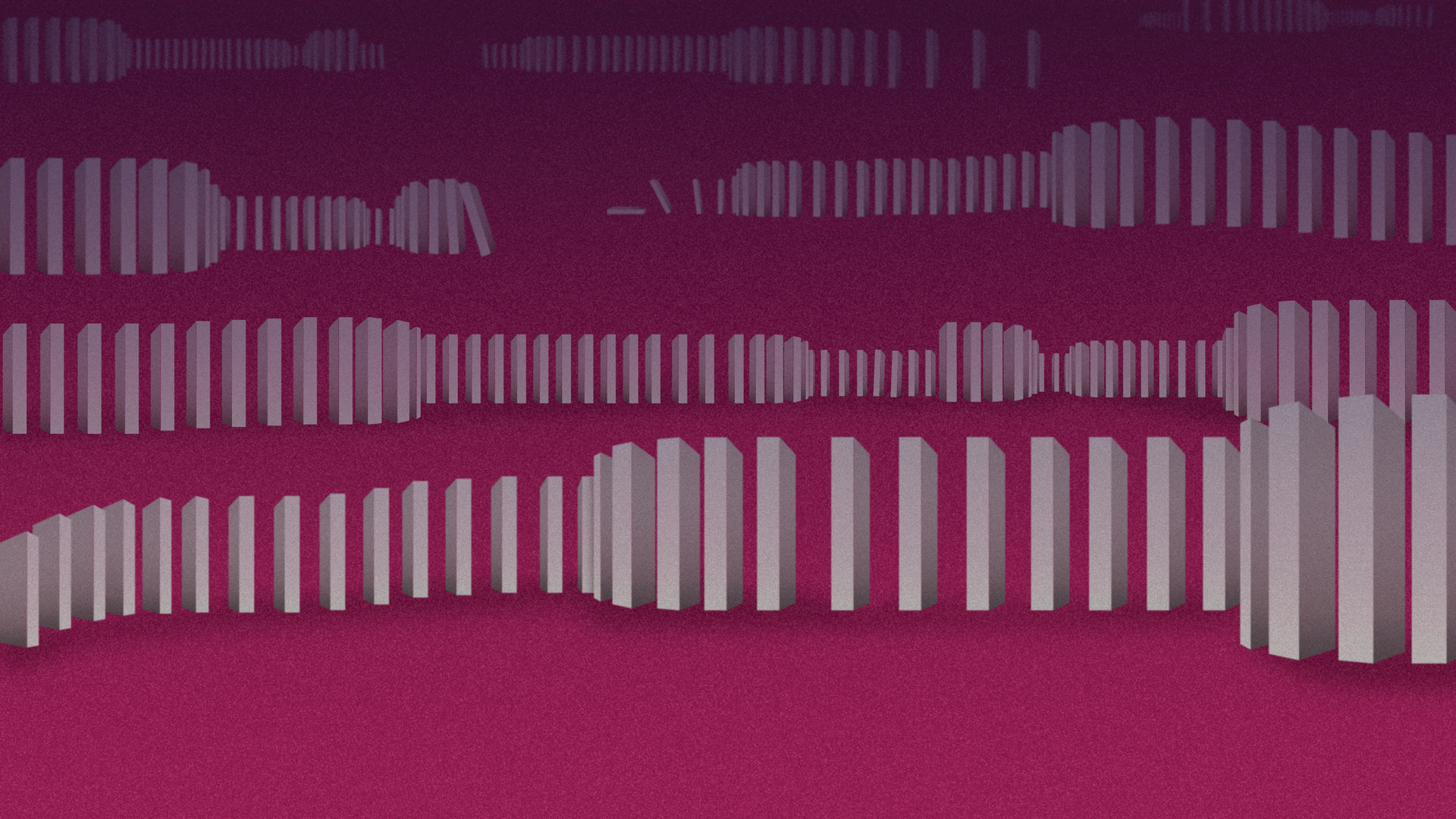 An illustration of a long, curving line of white dominoes stretched out into the distance