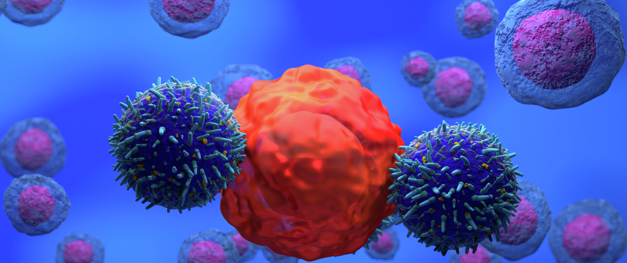 A 3D illustration of CAR T cells attacking cancer cell