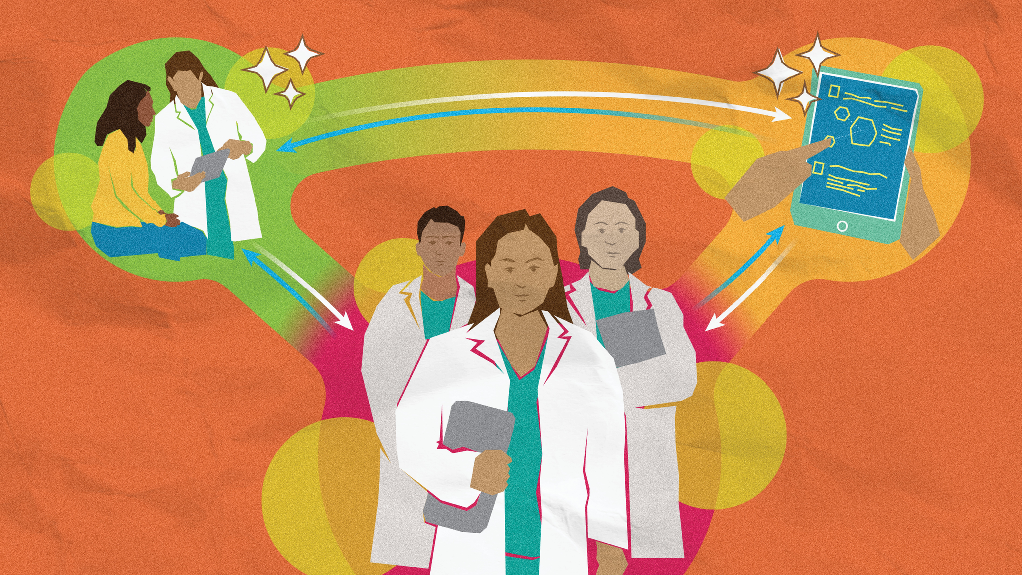 An illustration of medical students in short white coats standing confidently, connected to illustrated bubbles showing patient interactions and a tablet