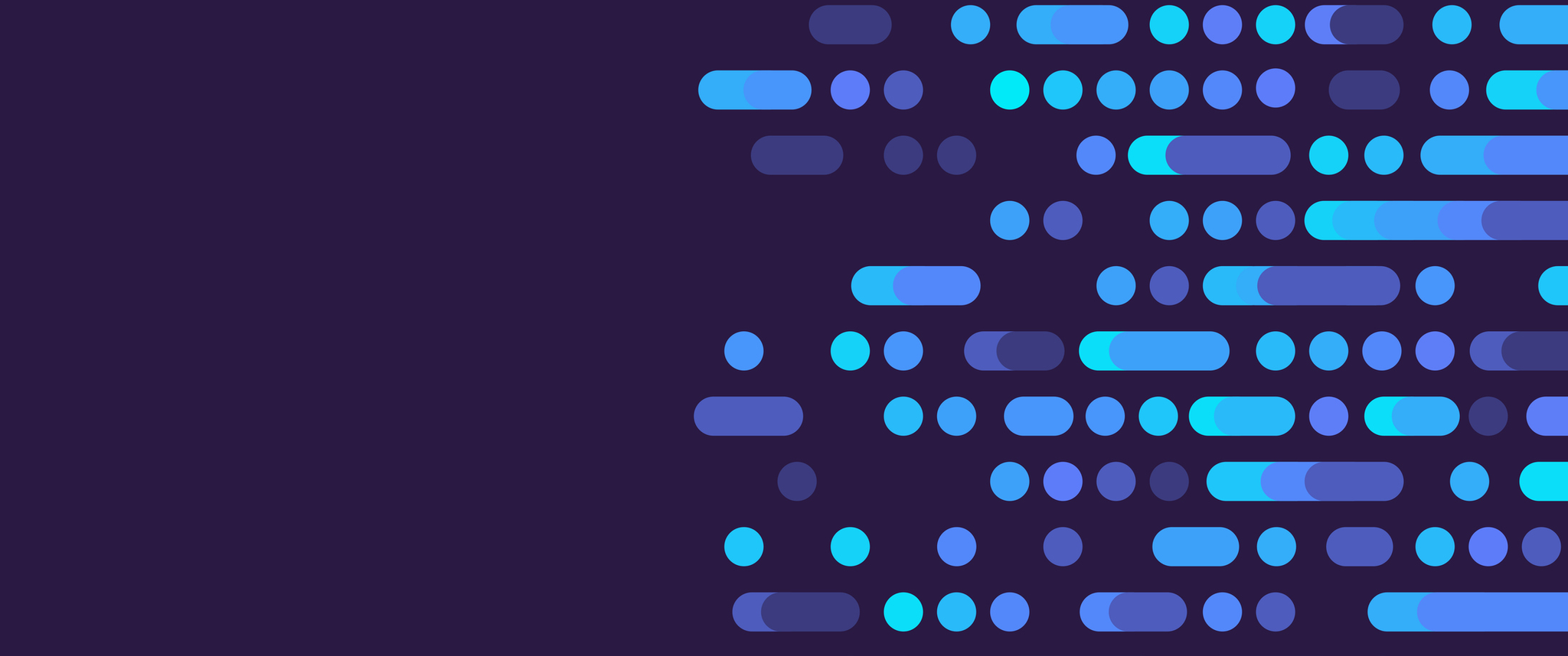 An abstract digital graphic of lavender and teal dashes representing DNA on a purple background