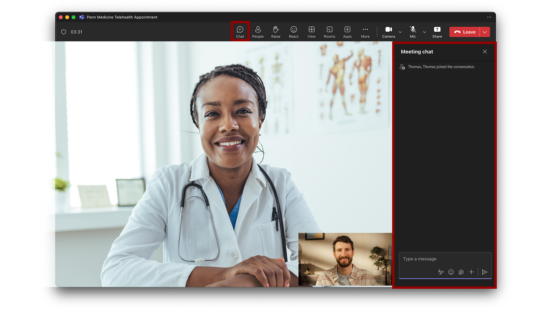 Microsoft Teams  for desktop chat feature highlighted with red box