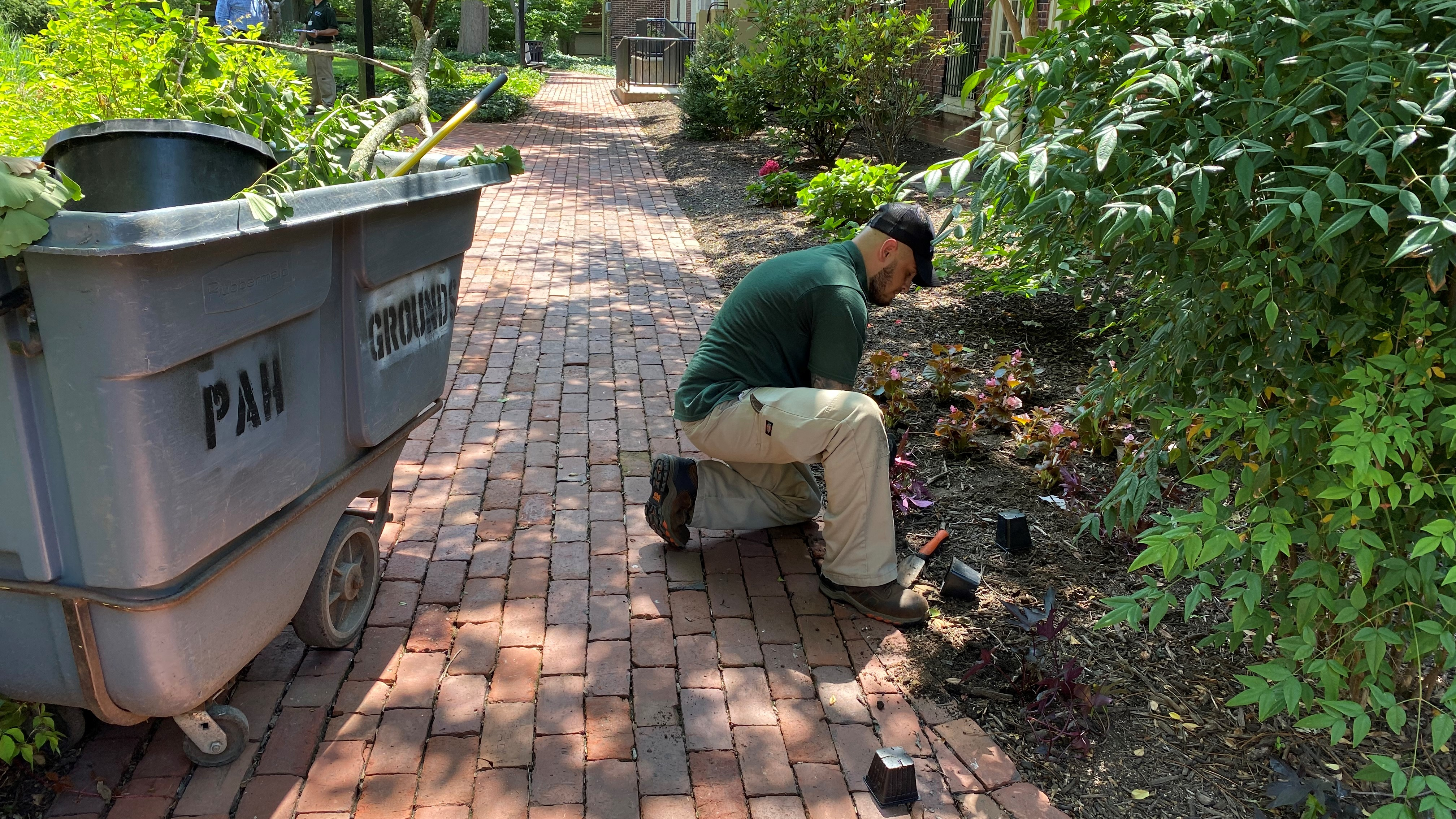 Nick Sambucetti plants flowers in a Pennsylvania Hospital courtyard