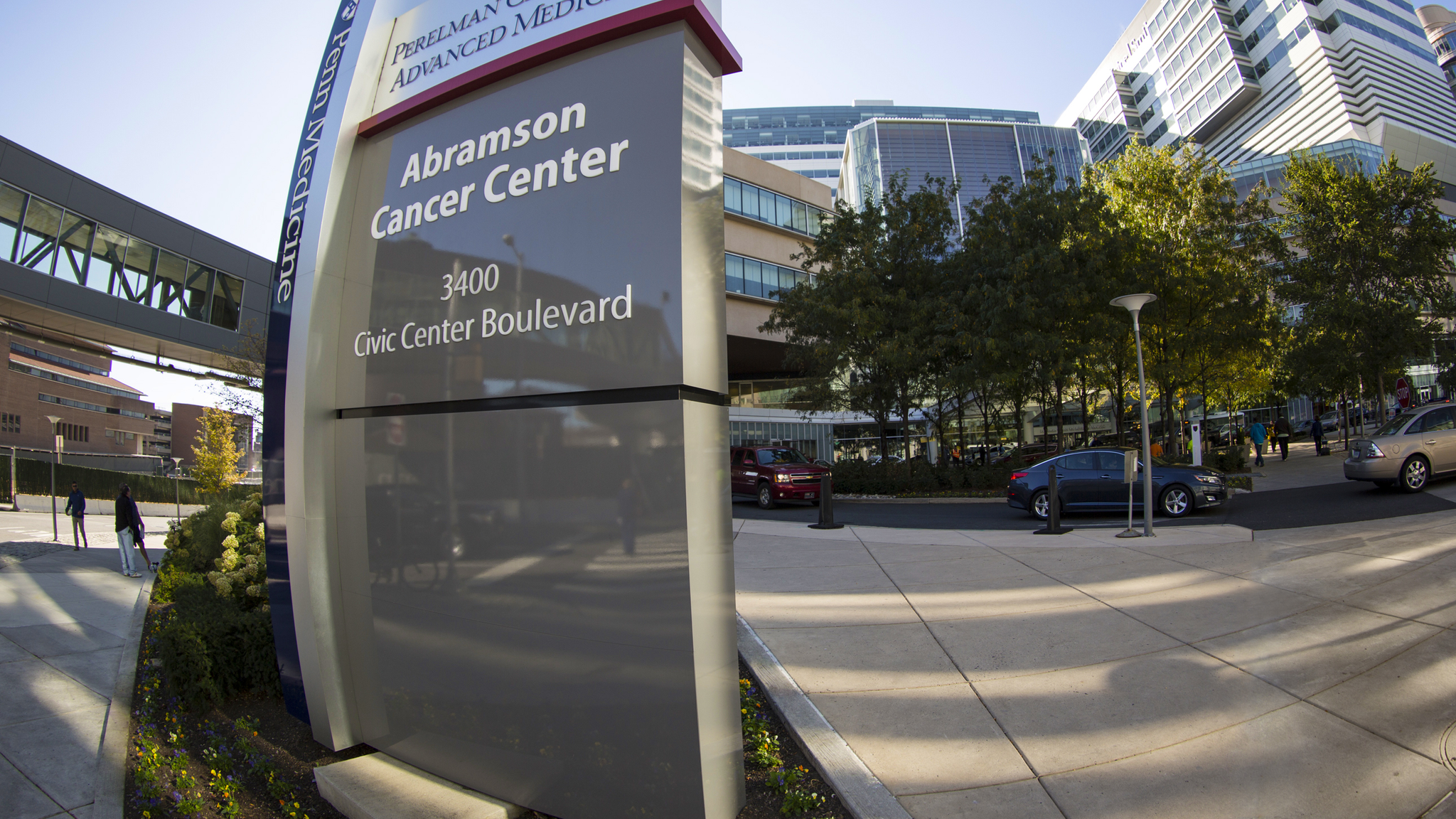 Abramson Cancer Center signage outside of the Perelman Center for Advanced Medicine