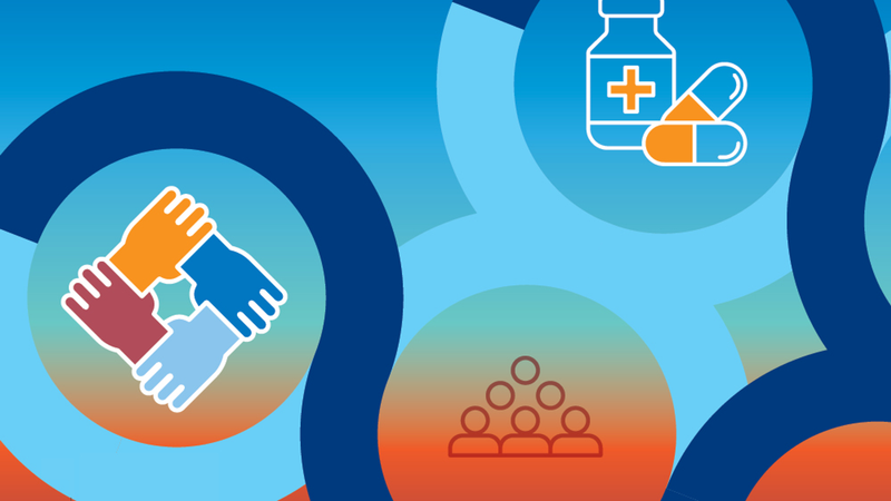 An illustration with prescription pills, groups of people, and multicolored hands joining together