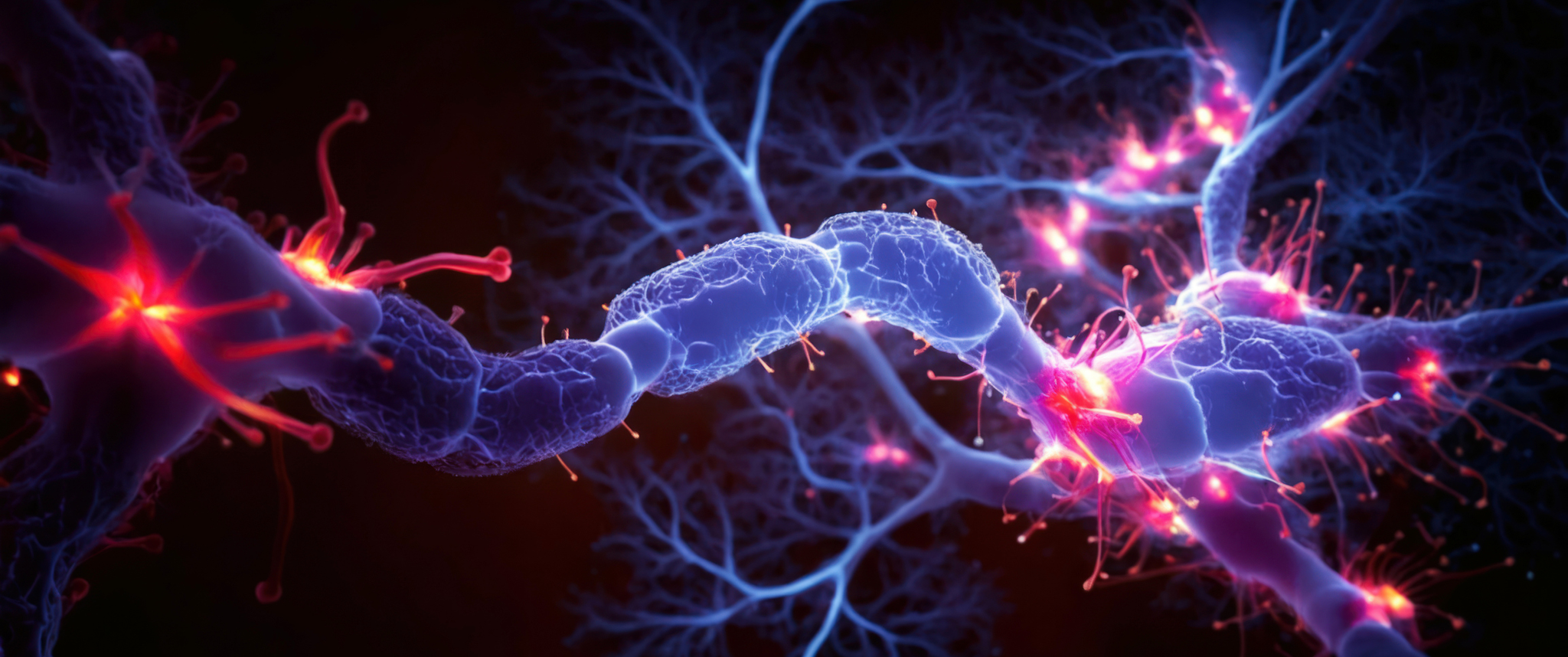 A 3D digital rendering of a neuron system on a black background