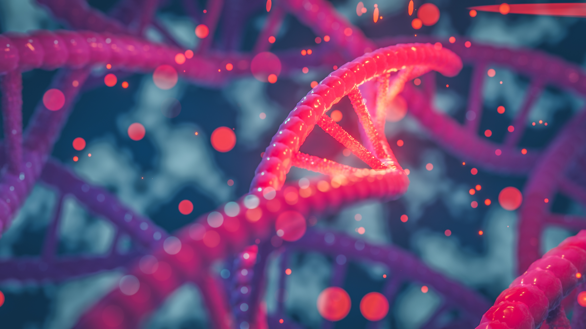 A 3D illustration of a neon pink DNA strand
