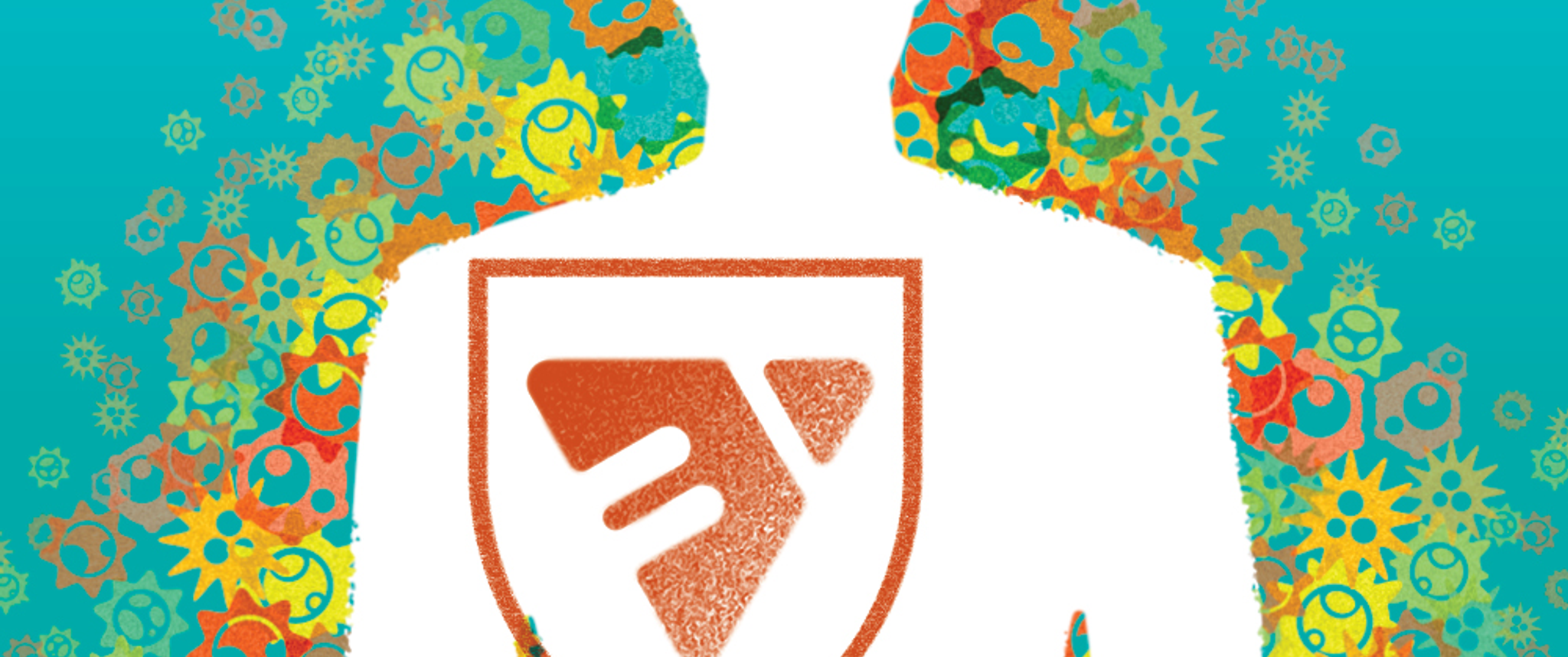 An illustration of a human figure silhouette surrounded by shapes representing immune cells, and wearing a shield symbol on its front